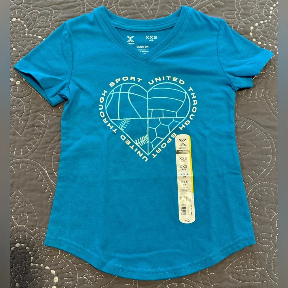 Xersion Girls Teal United Through Sport Tshirt NWT Size XXS 4/5